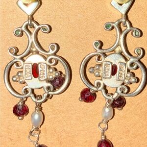 Sterling Silver Ruby & Pearl  Dangle Earrings made in India.